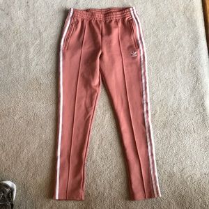 adidas 3 stripe track pants, blush pink